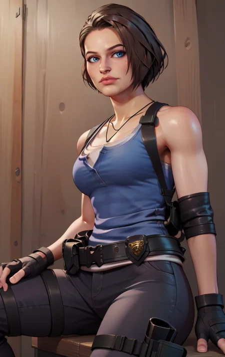 score_9, score_8_up, score_7_up, BREAK <lora:jillSDXL:1> jillvalentineSDXL, 1girl, solo, short hair, chestnut hair, blue eyes, gloves, jewelry, standing, black gloves, belt, pants, fingerless gloves, necklace, black footwear, lips, tank top, realistic, holster, thigh holster, jill valentine, cowboy shot, sitting
