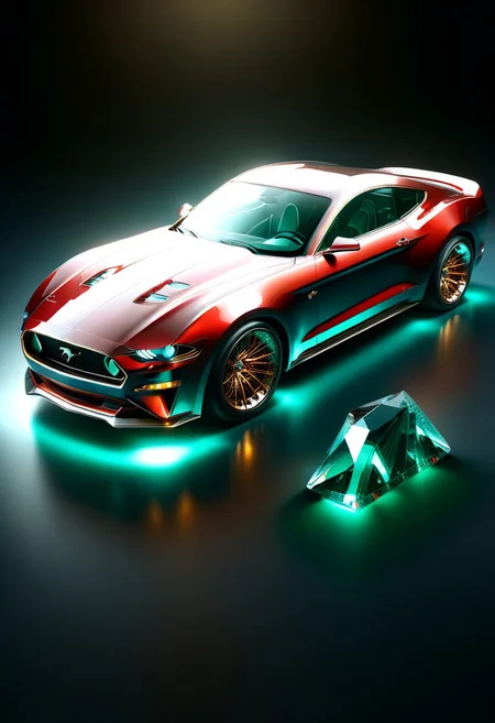 A futuristic car made entirely of transparent crystal that has hints of a 1955 Chorvett sting ray convertible. It is entirely made out of transparent red glass crystal, ultra detailed, enhanced, prismatic colors, render, CRU, sharp, 8k, octane render, cinema 4d, blender, dark, atmospheric 4k ultra detailed, cinematic, Sharp focus, big depth of field, Masterpiece, colors, 3d octane render, 4k, concept art, hyperrealistic, Vivid colors, extremely detailed 8k wallpaper, Intricate, High Detail. Car has square LED headlights, a glowing LED Ford mustang emblem. LED running lights Car is in a futurist high tech dealer showroom on a circular platform that is lit from below. The car has several spotlights on it which only enhance the crystal. camera is looking down and sideways as the car. emeraldmorph
