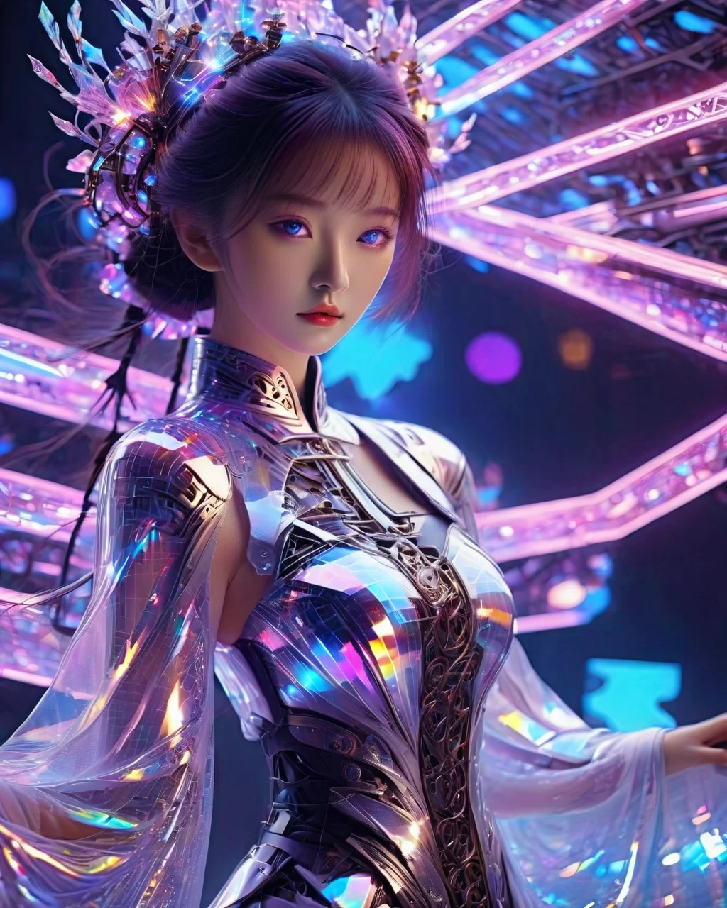 high quality exquisite wallpaper,<lora:xl-holographic-å
¨æ¯V20:0.8>,(holographic:1.7),holographic metal,holographic fabric,1girl,wearing white Hanfu andblack mecha,The girl was surrounded by magic arrays,solo,mecha musume,blue_eyes,standing,cinematic lighting,strong contrast,1 beautiful young chinese woman,mature and exquisitefacial features,sharp eyes,photon force field,purple and blue glowing neon lights,wide_shot,robot girl,magic array,ukl,<lora:xl0917ukl-v12:0.44>,magic circle,roman numeral,blue theme,intricate glowing lace,(Multiple magic arrays:1.5),1 girl slender medium breasts clothes show cleavage,1 girl figure is slender medium breasts clothes show cleavage,