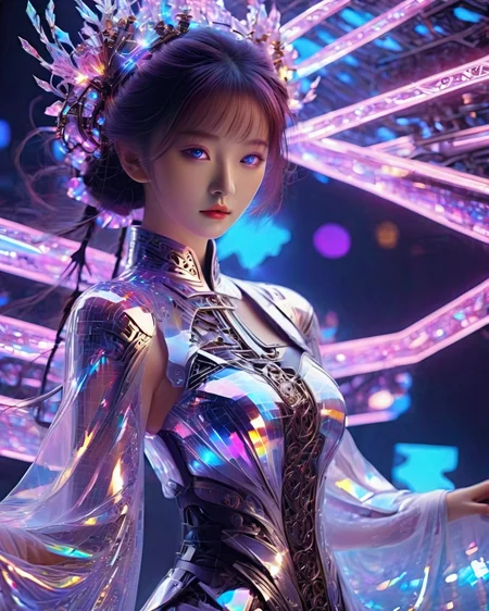 high quality exquisite wallpaper,<lora:xl-holographic-å¨æ¯V20:0.8>,(holographic:1.7),holographic metal,holographic fabric,1girl,wearing white Hanfu andblack mecha,The girl was surrounded by magic arrays,solo,mecha musume,blue_eyes,standing,cinematic lighting,strong contrast,1 beautiful young chinese woman,mature and exquisitefacial features,sharp eyes,photon force field,purple and blue glowing neon lights,wide_shot,robot girl,magic array,ukl,<lora:xl0917ukl-v12:0.44>,magic circle,roman numeral,blue theme,intricate glowing lace,(Multiple magic arrays:1.5),1 girl slender medium breasts clothes show cleavage,1 girl figure is slender medium breasts clothes show cleavage,