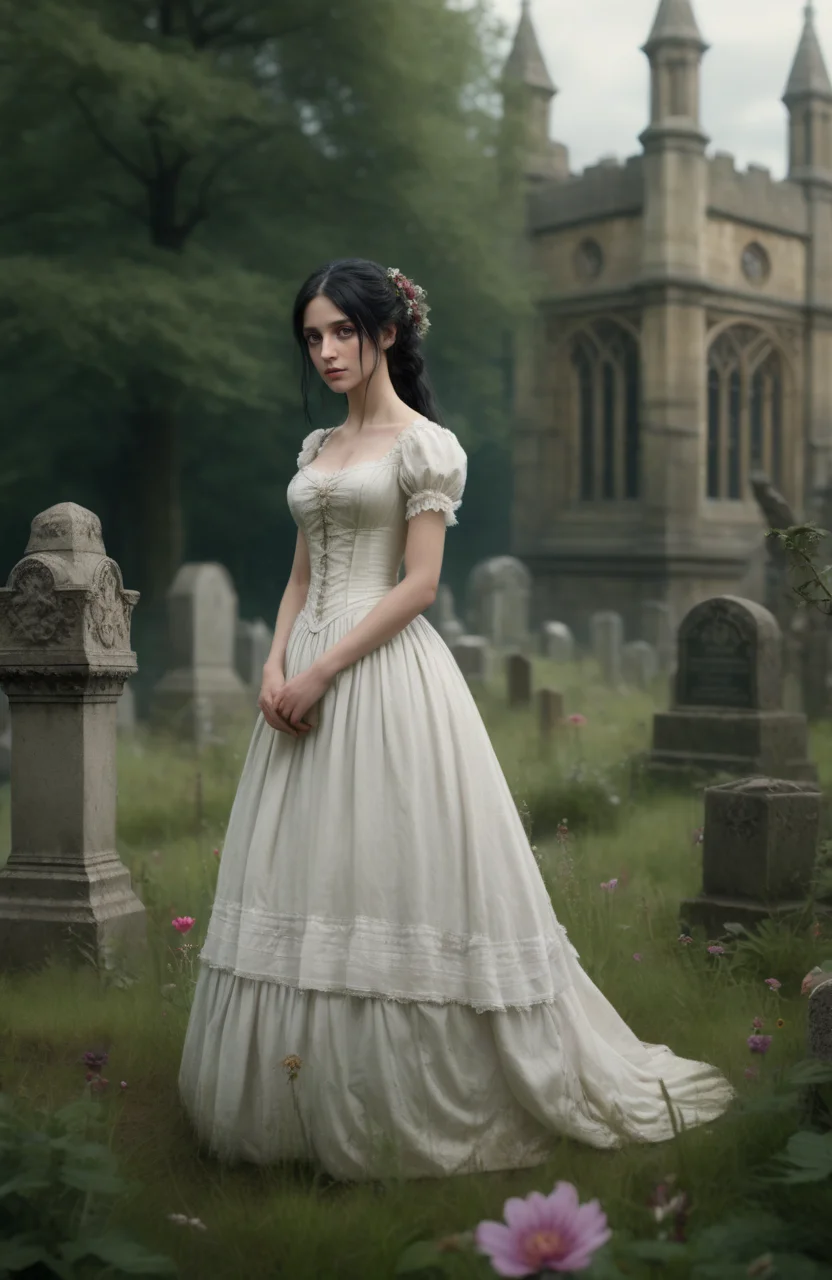 (wild flowers:1.4), masterpiece, Victorian, Empire, (country graveyard:1.5) forest, (foliage:1.4), (shallow depth of field:1.3), (City of london in distance:1.5), highly detailed, realistic, 1girl, solo, (full body:1.3), Victorian Wedding dress, detailed, smug, black hair, (side ponytail:1.1), <lora:Empire_SDXL_OnSite:0.6>, by lee jeffries nikon d850 film stock photograph 4 kodak portra 400 camera f1.6 lens rich colors hyper realistic lifelike texture dramatic lighting unrealengine trending on artstation cinestill 800