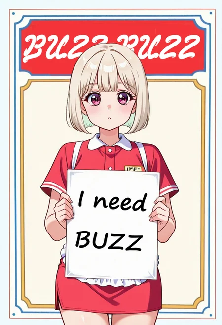 plain empty background, Platinum Blonde Hair, 18 Years of Age Woman, (Bowlcut, Bobcut, straight fringe), (lithe), ((female)), (American Diner Waitress), looking at viewer, standing upneed_buzz, holding sign ('Tip me some Buzz!'), Advertising Style, retro50adxl, retro advertisement, poster,