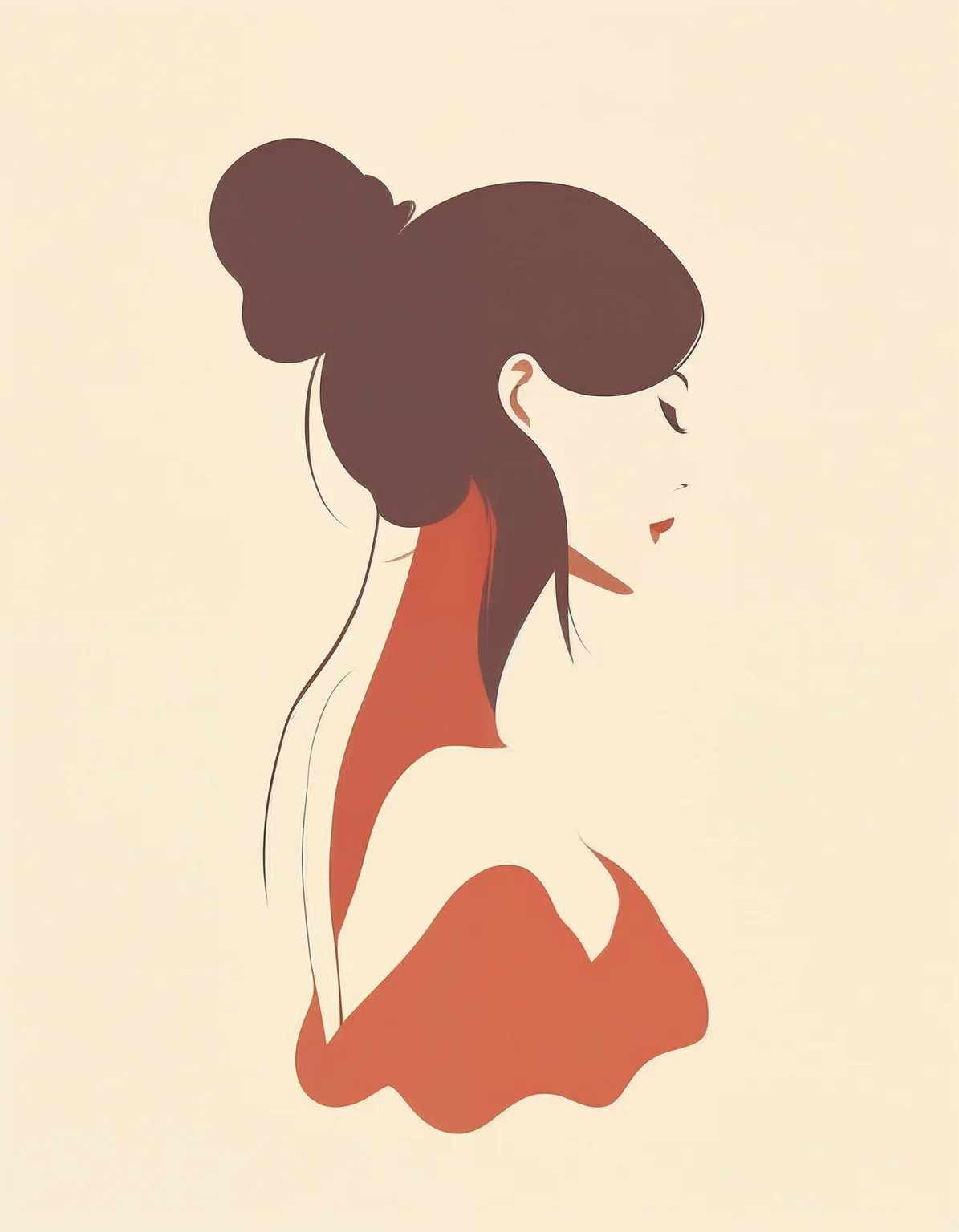 minimalistic, flat color, no lineart, 1girl, side view, silhouette, large breasts, huge hard nipples, hair bun, simple bright background