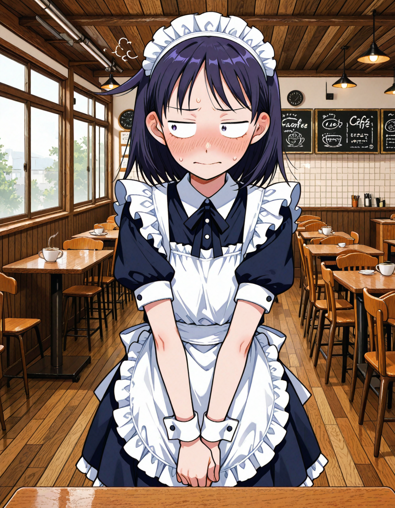 1girl,<lora:kon_hatocchi:1> kon_hatocchi,maid costume,cafe,embarrassed, looking to the side, 
<lora:dmd2_sdxl_4step_lora_fp16:1>
