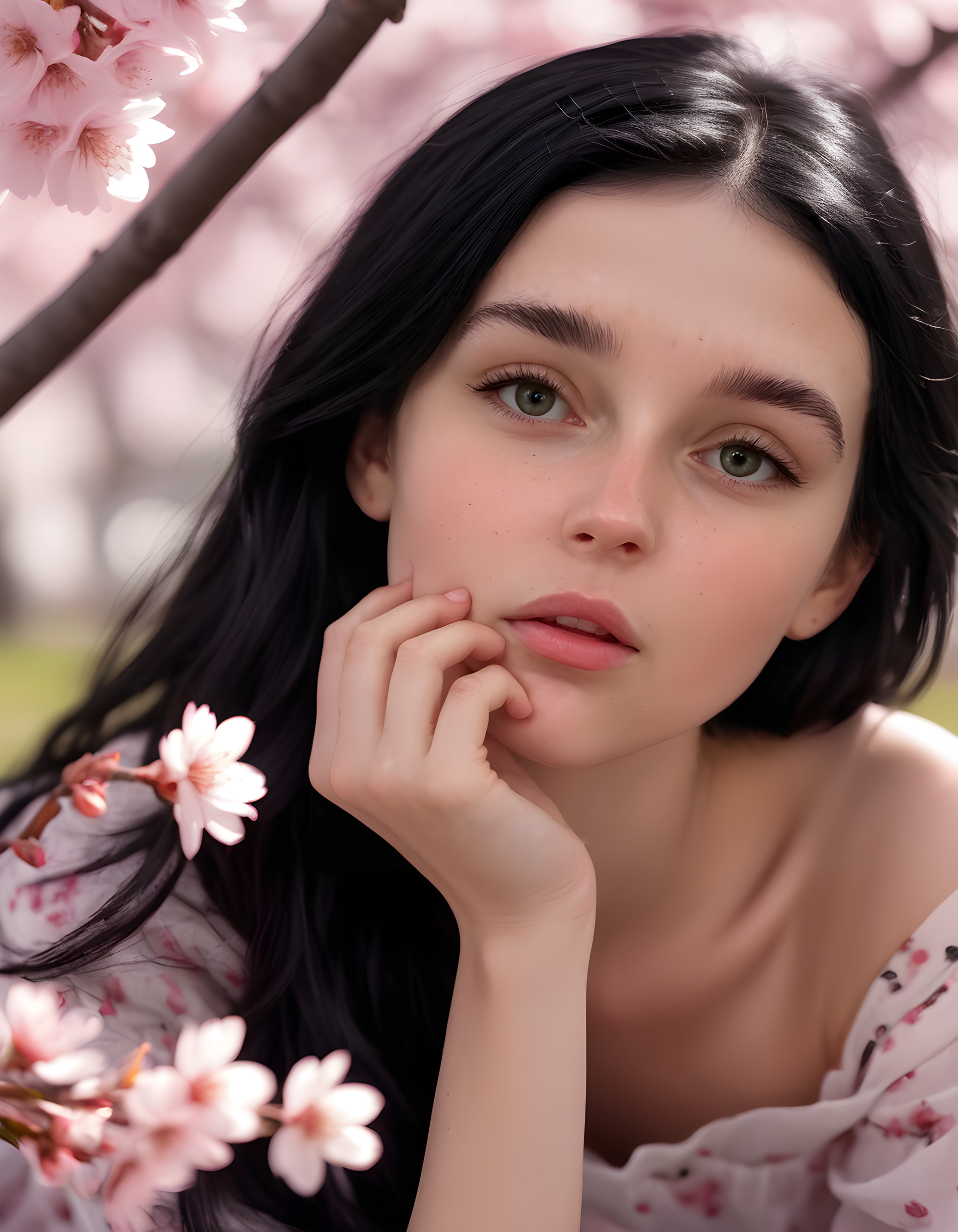 In a vibrant, sun-kissed park under a canopy of blooming cherry blossoms, K3RRYC, a woman with raven-black hair cascading down her shoulders and striking black eyes framed by thick lashes, sits alone on a rustic wooden bench. Her lips are painted a bold, fire-engine red that contrasts sharply with the pastel pink blossoms around her. She leans forward slightly, one hand cradling her chin, deep in thought, while her other hand rests casually on her knee. A small, faint mole can be seen below her left eye, adding an endearing touch to her strong, self-assured demeanor. The camera angle is from a low perspective, looking up at her, capturing the fullness of her expressive eyes and the delicate features of her face against the backdrop of the soft pink petals falling gently around her like snowflakes.