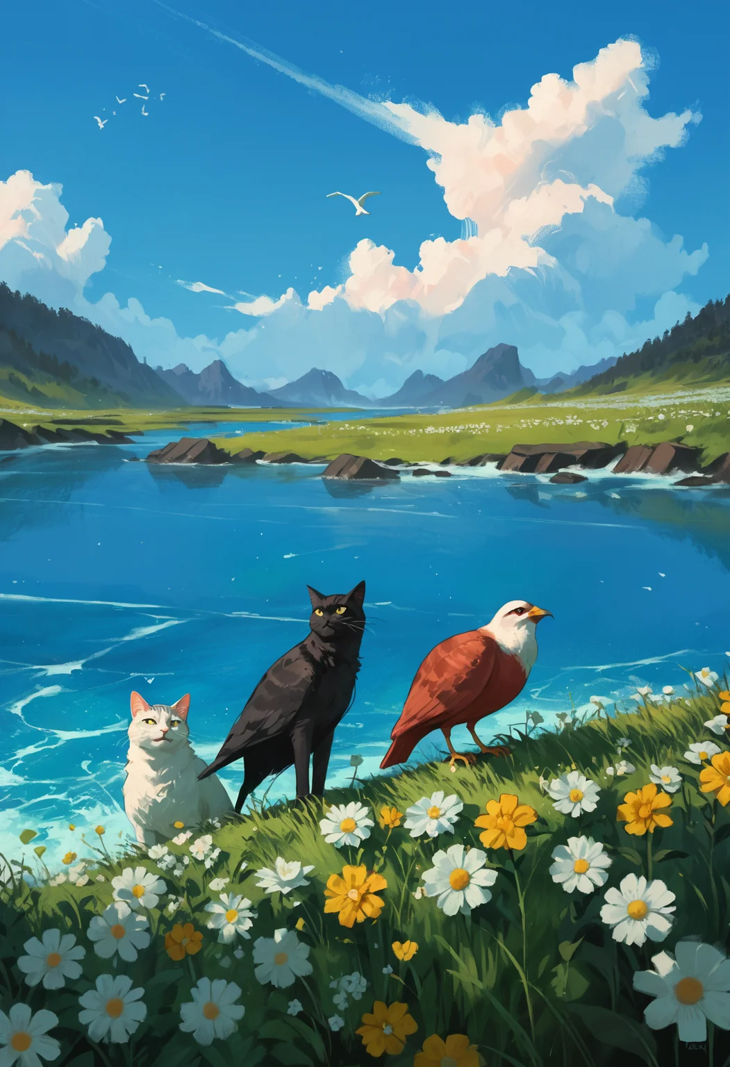 score_9, score_8_up, score_7_up, score_6_up, score_5_up, score_4_up,
<lora:ScenicHorizonsV3.1:1> sc3n1ch0r1s0ns,
flower, sky, day, cloud, water, blue sky, bird, ocean, animal, white flower, cat, grass, cloudy sky, scenery, nature, yellow flower, horizon, field, flower field, landscape,