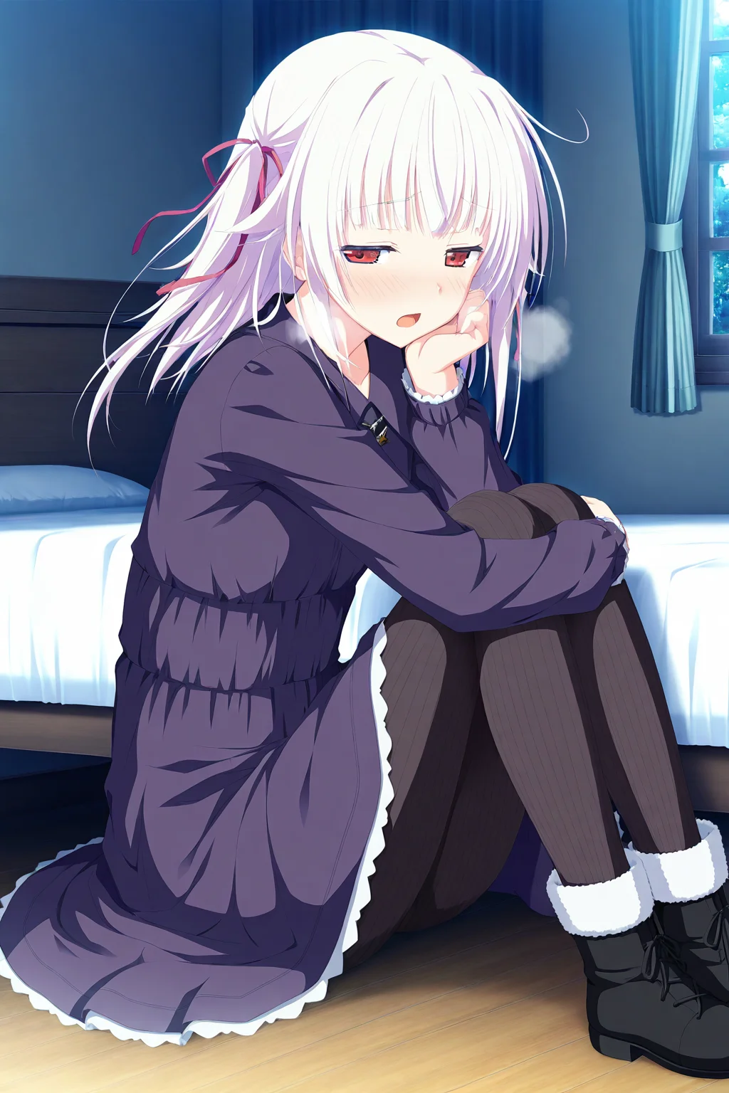 masterpiece,best quality,good quality,rating safe,memoriayume, ototsu_yume, 1girl, solo, white hair, long hair, hair ribbon, ribbon, red eyes, bangs, long sleeves, purple dress, black pantyhose, striped, black footwear,game cg,looking to the side,bedroom,blush,sitting on the bed,open mouth,heavy breathing,half-closed eyes