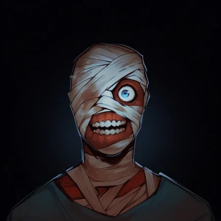 score_9, score_8, portrait of curly_MW man, blue eye, one eye, teeth, bandages, amputee <lora:Curly_Mouthwashing:.8> <lora:DarkerThanDarkV0.8:.6> dark, dark lighting, <lora:add-detail-xl:.6>