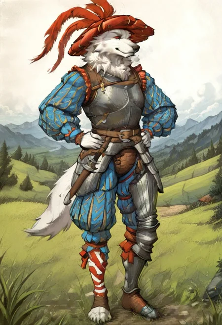 solo, furry, wolf man, white fur, fluffy neck fur, ripped, red eyes, calm expression, LKAV1.0, landsknecht, armor, belt, breastplate, chaperon hat, faulds, asymmetrical legwear, asymmetrical armor, puffy sleeves, puffy pants, on a grass plain, styleakramness, vehn