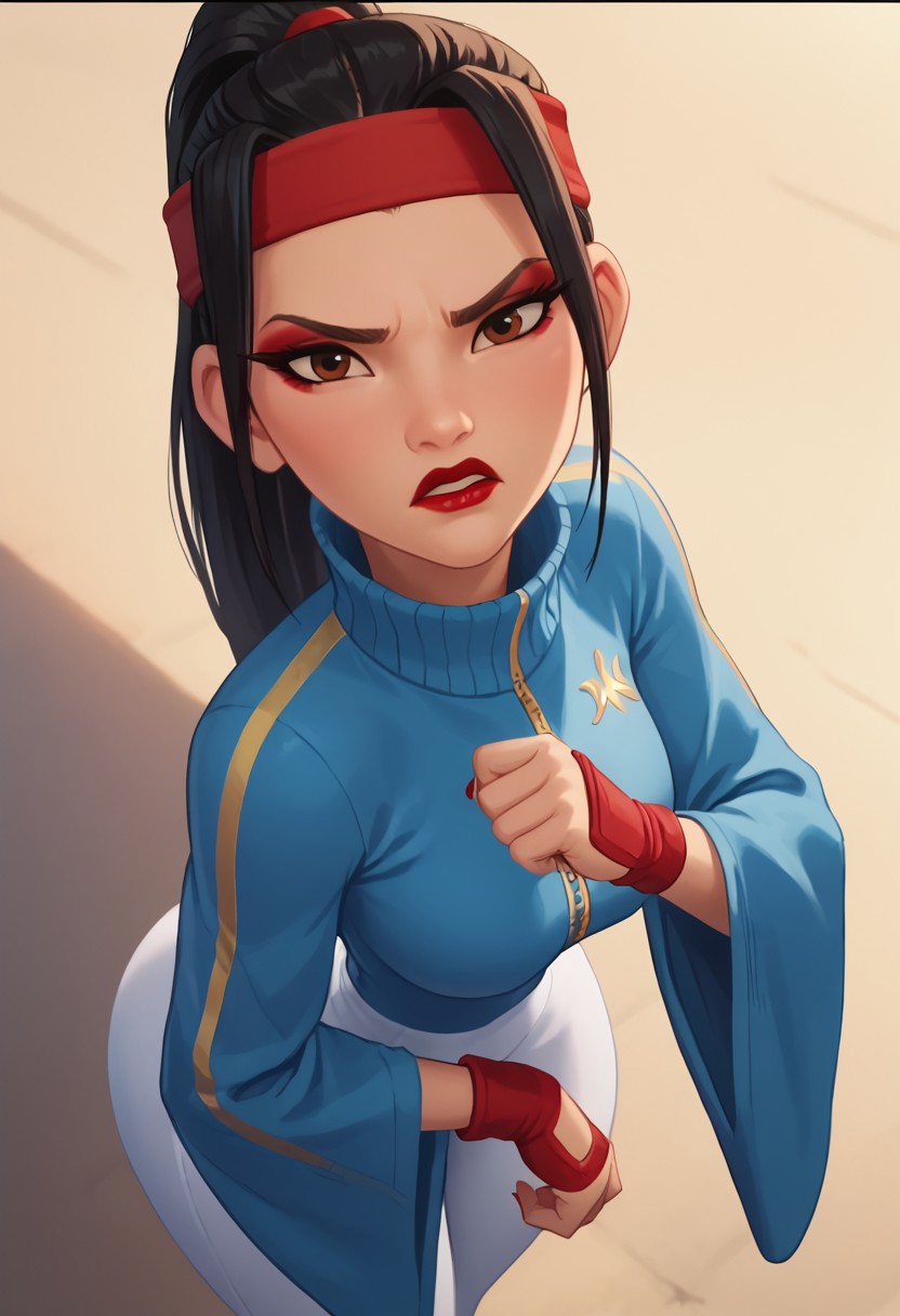 score_9, score_8_up, score_7_up, ultra quality, solo, 1girl, chang'e_tt, 1girl, asian, high ponytail (black hair, red headband), big eyelashes, brown eyes, makeup, red eyeshadow, red lipstick, red nails, red wristbands, blue track jacket (turtleneck, wide sleeves), light blue spandex, angry, pouting, big hips, big butt, bubble butt, breasts, narrow waist, curvy, score_9, score_8_up, score_7_up, score_6_up, looking at the viewer, standing, close up, view from above, face focus, screencap