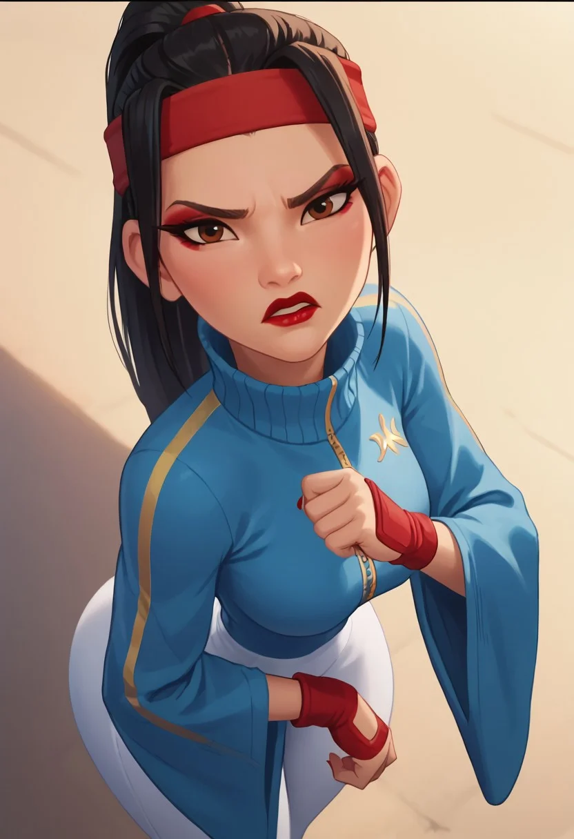 score_9, score_8_up, score_7_up, ultra quality, solo, 1girl, chang'e_tt, 1girl, asian, high ponytail (black hair, red headband), big eyelashes, brown eyes, makeup, red eyeshadow, red lipstick, red nails, red wristbands, blue track jacket (turtleneck, wide sleeves), light blue spandex, angry, pouting, big hips, big butt, bubble butt, breasts, narrow waist, curvy, score_9, score_8_up, score_7_up, score_6_up, looking at the viewer, standing, close up, view from above, face focus, screencap