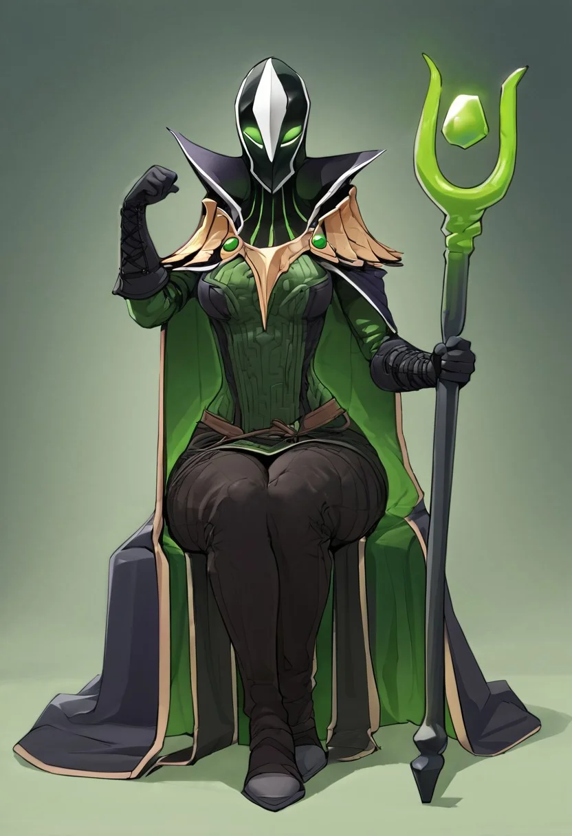 score_9, source_anime, 1girl, rubickpdxl, mask, cloak, green eyes, shoulder armor, gloves, green glovesponytail, feminine body, wide hips, holding staff, sexy pose,  medium breasts, tight clothes, full body, sitting, hands