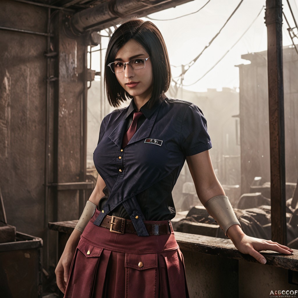 score_9, score_8_up, score_7_up, realistic, masterpiece, best quality, very aesthetic BREAK small cupboard. 1woman, nayo_ffvii, short hair, bobcut, black hair, brown eyes, lips, medium breasts, nose, slim fit woman, glasses, blue shirt, black undershirt, collar, collared shirt, red necktie, belt, skirt, miniskirt, red skirt, pleated skirt, chest logo, white bracelet, thighhighs, zettai ryouiki, fishnets thighhighs, brown boots, pale skin, (((tight singlet top, medium teardrop breasts, sideboob ))).
(looking at viewer). 
Low angle. happy. ((rim lighting))