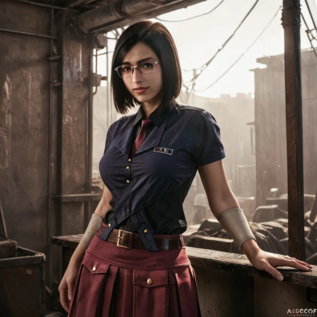 score_9, score_8_up, score_7_up, realistic, masterpiece, best quality, very aesthetic BREAK small cupboard. 1woman, nayo_ffvii, short hair, bobcut, black hair, brown eyes, lips, medium breasts, nose, slim fit woman, glasses, blue shirt, black undershirt, collar, collared shirt, red necktie, belt, skirt, miniskirt, red skirt, pleated skirt, chest logo, white bracelet, thighhighs, zettai ryouiki, fishnets thighhighs, brown boots, pale skin, (((tight singlet top, medium teardrop breasts, sideboob ))).
(looking at viewer). 
Low angle. happy. ((rim lighting))
