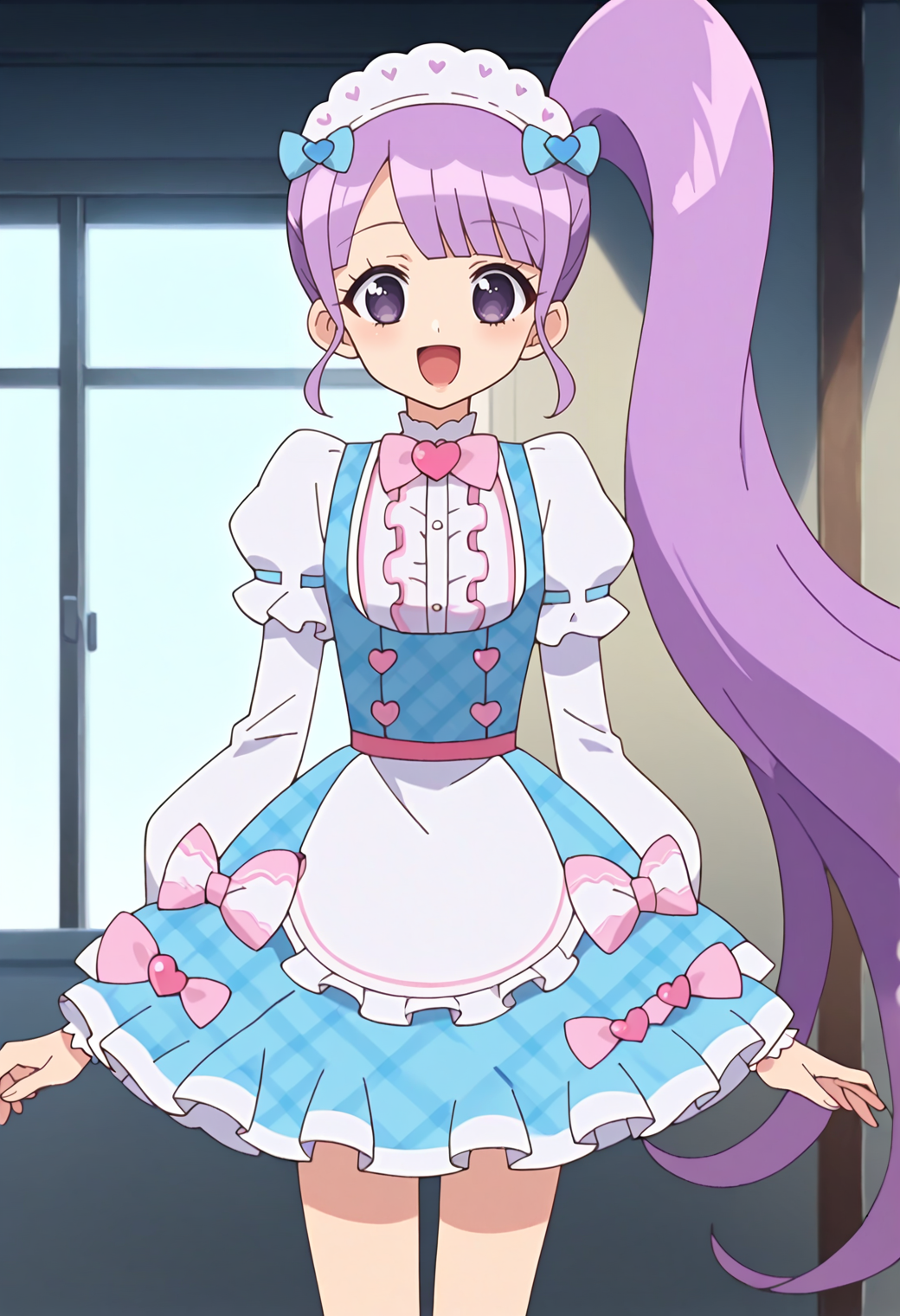 score_9, score_8_up, score_7_up, score_6_up, score_5_up, score_4_up, source_anime,
solo, 1girl, prinonb, side ponytail, very long hair, purple eyes, anime screencap, 
blue dress, plaid, maid headdress, hair bow, blue bow, pink bow, puffy sleeves, long sleeves, ribbon trim, 
looking at viewer, smile, open mouth,
<lora:_manaka_non-elesico-pony-e12:0.9>