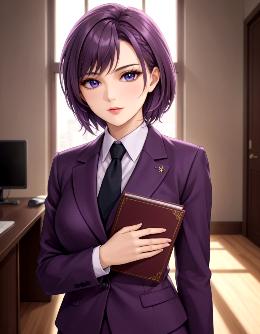 beautiful detailed portrait, strict mature woman, purple suit, black tie, beautiful detailed face, (displeased expression:1.2), holding a file folder, in a neat office, best quality, ultra-detailed, sharp intricate details, elaborate, cinematic, natural lighting, soft shadows, lumen reflections