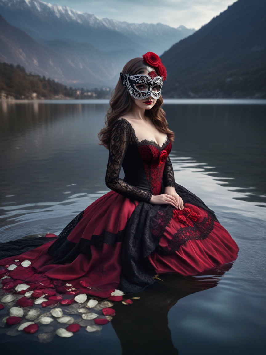 Gothic style beautiful woman wearing a red dress, (masquerade dress), <lora:masquerade_dress-XL-1.0:1>,
brown hair,
a serene lake reflecting the surrounding mountains, Dark, mysterious, haunting, dramatic, ornate, detailed, ripples,
layered dress, kneeling, partially submerged, rose petals on water, black lace