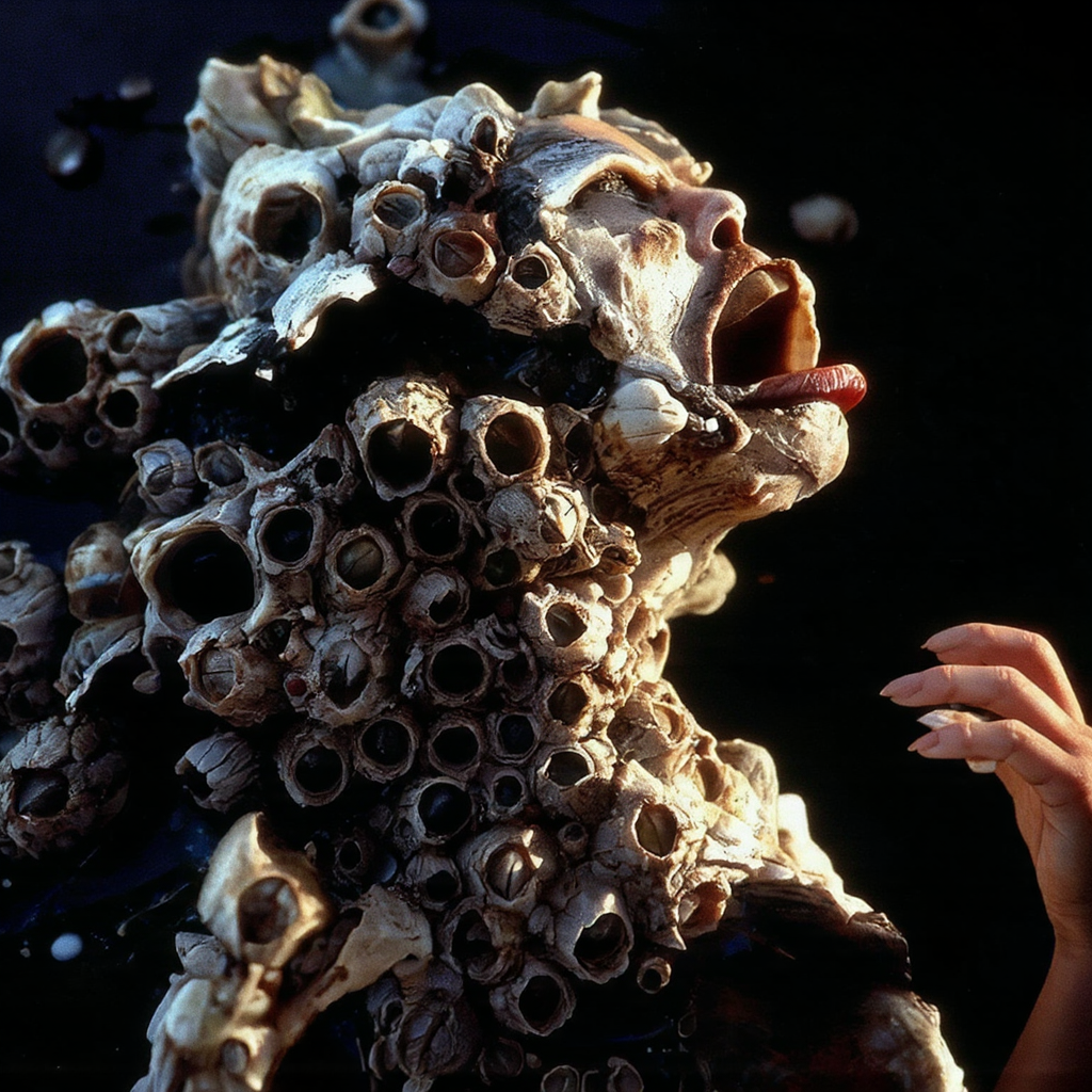 Cinematic macro photograph, an extreme close-up revealing a woman's face as it is horrifically overwhelmed and suffocated by dense, dry barnacle encrustations. The scene is lit by clear, bright, slightly overcast daylight, casting soft, subtle shadows that define the contours of her features beneath the parasitic growth, allowing the varied matte textures of the barnacles to be the primary focus. Her facial skin is entirely consumed by a chitinous, calcified mass of closely packed, conical barnacle shells. These shells, utterly dry and matte, exhibit a disturbing range of desaturated, dusty colors: some are chalky greyish-white, others show faint pinkish or purplish striations around their edges, while larger, more established ones fused to her cheekbones or forehead are stained with dull ochre, pale lime green, or hints of tarnished blue, emphasizing their fossilized, invasive nature. The fused clusters form an irregular, abrasive topography over her nose, lips, and eyelids, with individual apertures appearing as dark, empty voids within the dry, variously hued stony structures, where her eyes or mouth should be. The shallow depth of field achieves razor-sharp focus on a specific section of the dense barnacle field on her face, rendering the minute, dry details of each calcified, subtly colored shell and their interlocking, suffocating formation with immaculate clarity and hyper-detail. Though lit by daylight, the sheer unrelenting overgrowth violating human features creates a profound Cronenberg-esque sense of biological invasion and psychological dread, feeling visceral and disturbing in its chitinous, desiccated, yet subtly colored horror. Muted, slightly varied colour palette reflecting the barnacles. Modern, high-resolution digital photograph.
