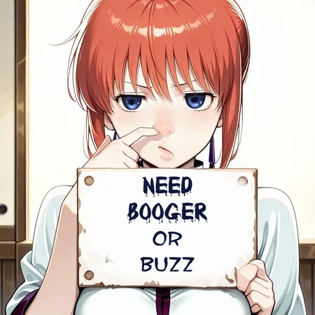 masterpiece, very aesthetic, absurdres,<lora:illustriousXL_stabilizer_v1.23:0.4>,1girl,<lora:Kagura:0.7>,white_skin,red hair,slender,blue eyes,medium breasts,gintama manga style,<lora:Dramatic Lighting Slider:2>,<lora:QingFashion_Illustrious:1>,((nos3pick, nose picking))need_buzz, holding sign WITH ONE HAND