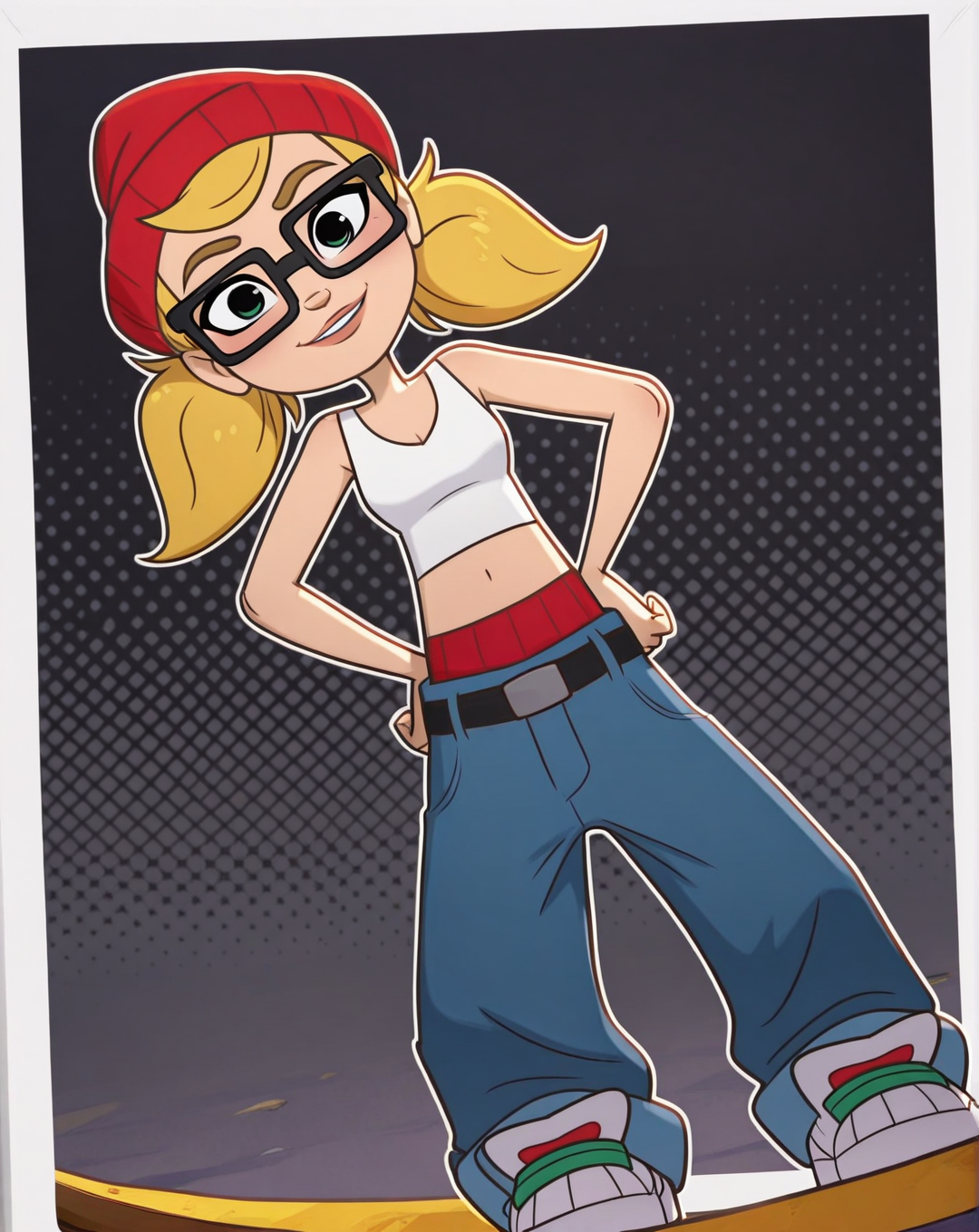 Tricky, 1girl, solo, light skin, green eyes, blonde hair, pigtails, black square glasses, red beanie, white crop tank top, midriff, red underwear, black belt, light-blue jeans, sneakers, (smile, dutch angle, Hands on hips,naughty pose, looking at viewer, solo, dynamic pose, full_body, head tilt,),(( dynamic halftone dot background, stylized background, White frame, Square frame, white outline))