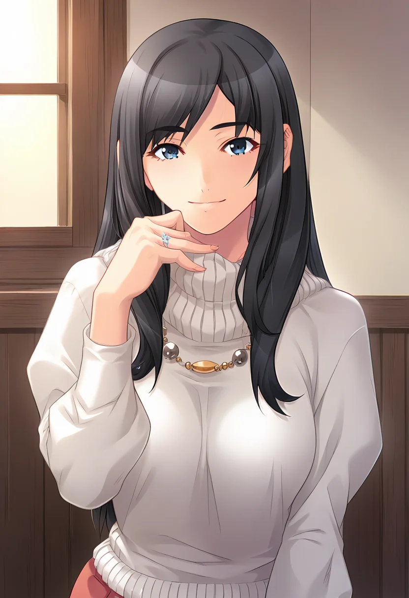 score_9, score_8_up, score_7_up, score_6_up, score_5_up, score_4_up, masterpiece, source_anime, 1girl, c nanami, long hair, large breasts, black hair, blue eyes, white turtleneck sweater, puffy long sleeves, red miniskirt, untucked shirt, jewelry, indoors, looking at viewer, upper body, hand up, collarbone, leaning forward, light smile, cowboy shot, ring, <lora:Nanami_HondaVer3_PONY_c:1>