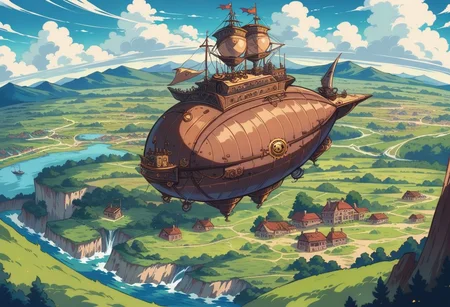 masterpiece, best quality, very aesthetic, absurdres,
landscape, intricate,
outdoors, sky, clouds, steampunk, steampunk airships, wooden airship, blimp, (steampunk theme:1.2), mountain tops, flying ships, fields,
ultra wide angle shot, cinematic style, anime style, studio ghibli