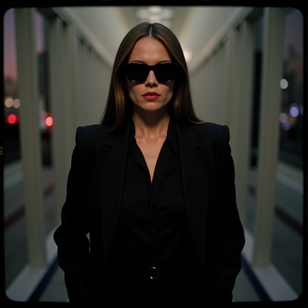 cinematic film still  <lora:Hollywood Cinematic Film style v1:1> high contrast, 
A dramatic cinematic photographic image of a woman in a black suit and sunglasses,1girl,long hair,brown hair,shirt,1boy,jacket,solo focus,pants,lips,black jacket,black pants,border,formal,sunglasses,suit,hands in pockets,red lips , Commercial advertisement themed, sharp, detailed, epic photography, artistic, creative, dramatic light, cinematic style, Kodak film style, different lighting style, different color style, different background, different scene, different person, different people, different race, different gender, 8k resolution, Television advertisement Hollywood Cinematic Film style . shallow depth of field, vignette, highly detailed, high budget, bokeh, cinemascope, moody, epic, gorgeous, film grain, grainy