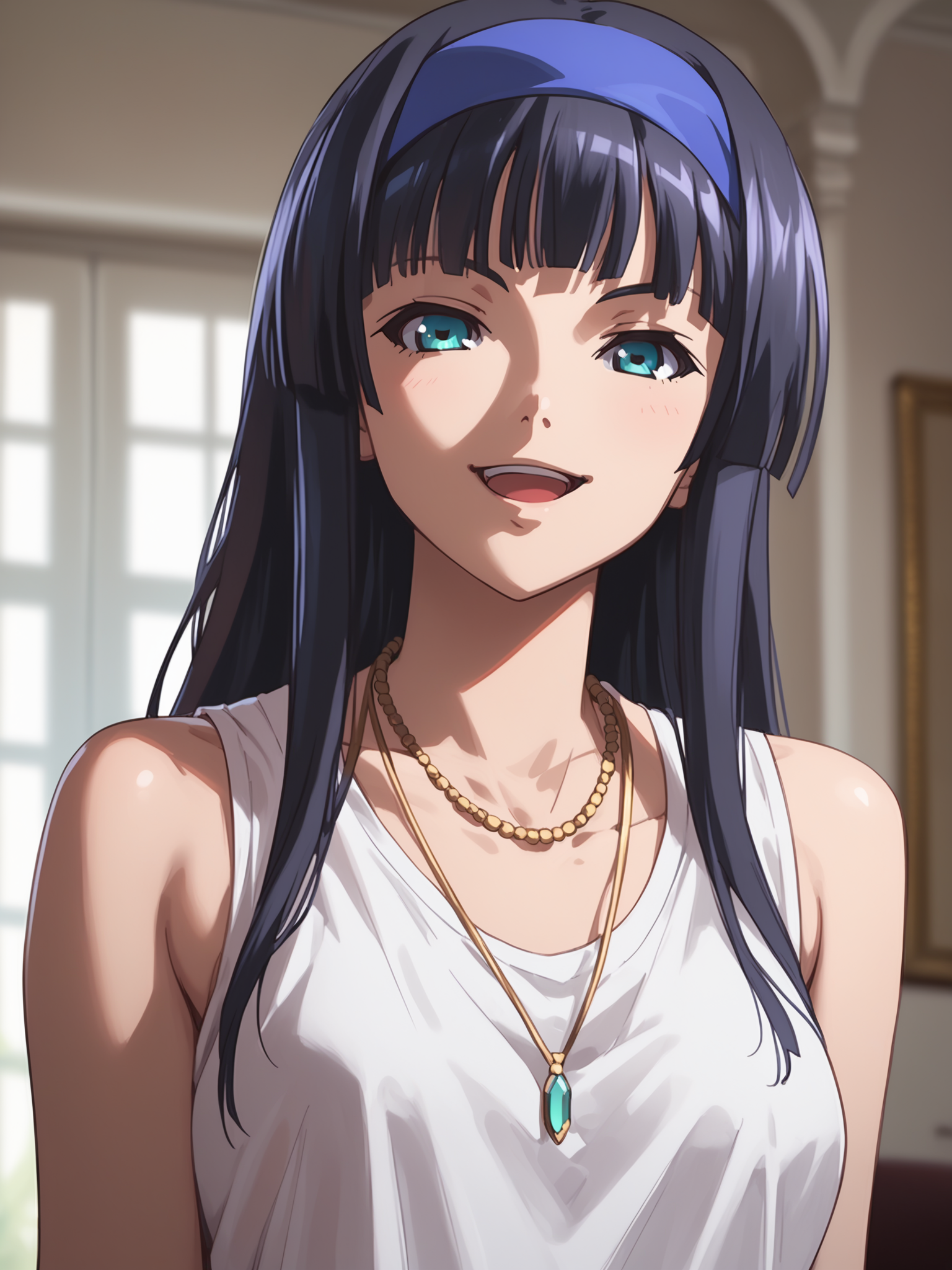 <lora:happy_tentacle-olivia-v0.2-000018:0.9>, ht_olivia, blue hairband, necklace, medium breasts, , cowboy shot, 1girl, (petite:1.2), solo focus, smile, open mouth, (looking at viewer:1.1), indoors , sidelighting, (depth of field:0.8), (from below:0.8), [(realistic, photorealistic:1.2):(realistic:1.3):22], [(3d:1.2)::10], <lora:LUUNA's Lunas-NijiJourney-SDXL-B2:0.5>, nijijourney, <lora:prgfrg23's Counterfeit-V3.0 Style SDXL_LoRA_Pony Diffusion V6 XL:0.35> score_9, score_8_up, score_7_up, score_6_up, score_5_up, score_4_up,