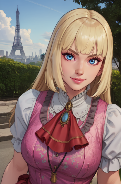 lily, blue eyes, blonde hair, long hair,  bangs, 
standing, upper body,  
dress, fingerless gloves,  puffy short sleeves,  necklace, 
light smile,  looking at viewer, 
morning, mansion, outdoors,  paris, 
(insanely detailed, beautiful detailed face,beautiful detailed eyes, masterpiece, best quality) 
<lora:LilyT8:0.7>
