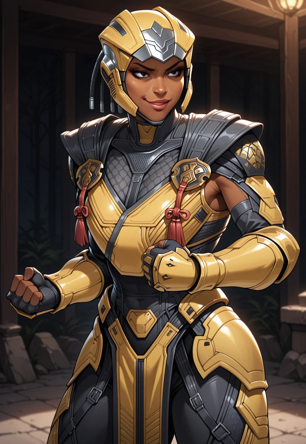 masterpiece, best quality, detailed, realistic, cowboy shot, smirk, 1girl, solo, Cyrax, Helmet, dark-skinned female, lips, black eyes, Black bodysuit, shoulder armor, breastplate, gauntlets, fingerless gloves, leg armor, pelvic curtain, fists, fighting stance,