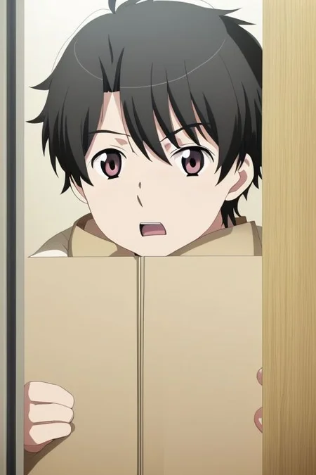 high resolution, solo, best quality, 1Boy, Inaho Kaizuka, Black Hair, surprised, peeking out, OverallDetail
