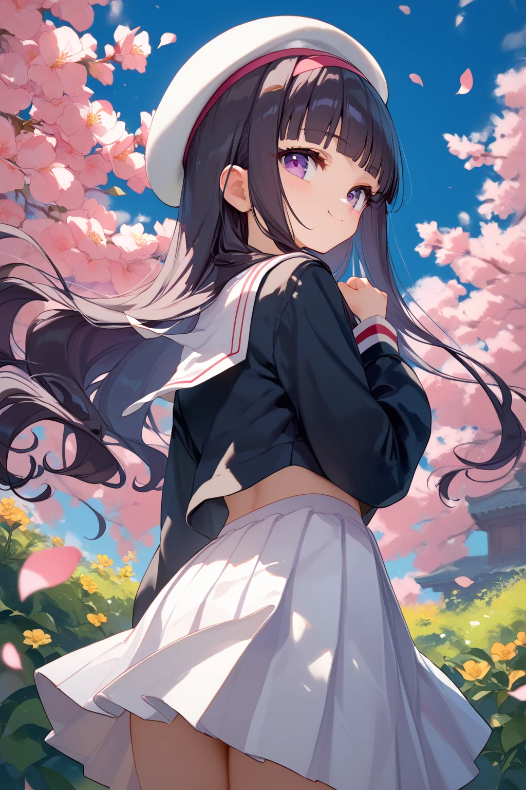 score_9, score_8_up, score_7_up, source_anime,
simple background, flower petals,
cowboy shot,
white beret, looking back, light smile, blush, from behind,
<lora:tomoyo_autismConfetti_v01:1>
black hair, blunt bangs, long hair, purple eyes, hairband,
tomoeda elementary school uniform, black shirt, sailor collar, school uniform, white sailor collar, long sleeves, white pleated skirt,, zPDXL
