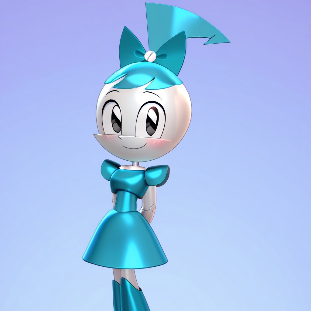 score_10, score_9_up, score_8_up, score_7_up, score_6_up, nasbdress, jenny wakeman, 1girl, solo, 3d, render, metallic, white skin, robot, robot joints, blue hair, black eyes, ponytail, hair bow, blue dress, blue knee high boots, hands behind back, upper body, cowboy shot, looking at viewer, shy smile, closed mouth, simple background 