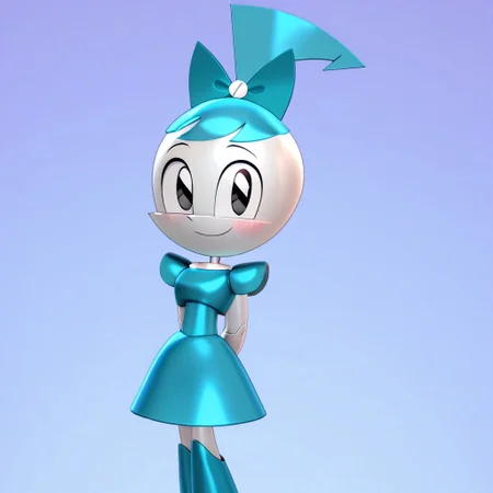 score_10, score_9_up, score_8_up, score_7_up, score_6_up, nasbdress, jenny wakeman, 1girl, solo, 3d, render, metallic, white skin, robot, robot joints, blue hair, black eyes, ponytail, hair bow, blue dress, blue knee high boots, hands behind back, upper body, cowboy shot, looking at viewer, shy smile, closed mouth, simple background 
