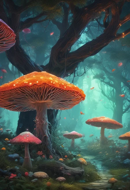 fantasy forest full of magical plants, glowing mushrooms. butterflies, petals. absurdres, (masterpiece, best quality, highres, ultra detailed), cinematic lighting, detailed, intricate,colorful world