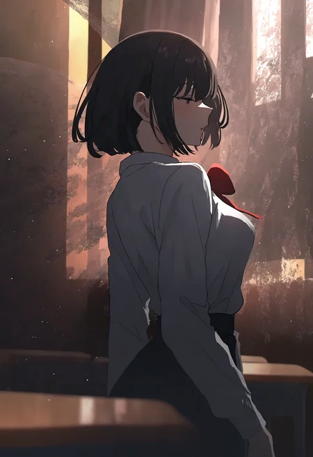 masterpiece, best quality, newest, absurdres, highres, very awa, anime screencap, indoors, curtains, school, shadow, anime screencap, orange background, sunlight, 1girl, looking at viewer, window shade, black hair, bob cut, short hair, upper body, school uniform, looking back, sunlight shining on right face, short sleeves, glowing eyes, closed mouth, expressionless, from side, blunt bangs, looking to the side, ambient occlusion, intricate background, low lighting, rim light, ethereal glow, ethereal particles, dappled light, highly detailed, high shot, dark background, simple background, cowboy shot, blurry, motion blur,