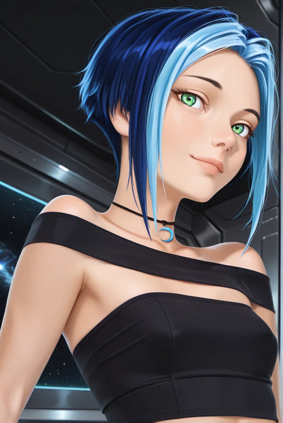 masterpiece,best quality,amazing quality,newest, absurdres, highres, detailed eyes, beautiful, perfect eyes, finely detailed face, very aesthetic, <lora:Pyranda:1> 1girl, pyr4ndelie, short hair, blue hair, two-tone hair, green eyes, small breasts,
shoulderless crop top, choker,
upperd body, close up, tilt head, soft smile, looking at viewer,
dynamic pose,
indoor, futuristic space station,  <lora:Callis_Dystopian_Sheek_Illu_Edition:0.4> <lora:FINALE:0.3>, light depth, dramatic atmospheric lighting, Volumetric Lighting