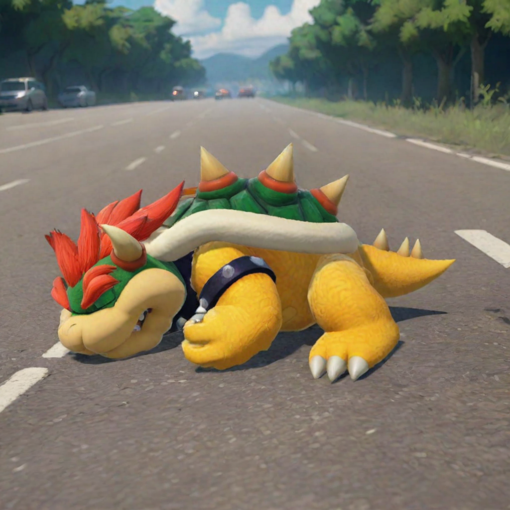 Bowser sleeping on the road, in the wild, lying on the ground, cars passing by. Anime style <lora:Bowser-cai:1> <lora:LCMSDXL:1>