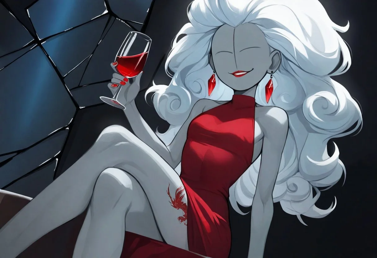 masterpiece, best quality, d3im0s, colored skin, grey skin, facial mark, no eyes, no eyebrows, no nose, 1girl, solo, skinny, shaded face, big hair, curly hair, white hair, smirk, holding drink, red wine, sitting, crossed legs, red dress, sleeveless dress, red lipstick, red nail polish, thigh tattoo, dragon tattoo, crystal earings, red earings, dark room, red splatter, glass shards, broken mirror, underlighting, blue light, from above, straight-on, cowboy shot