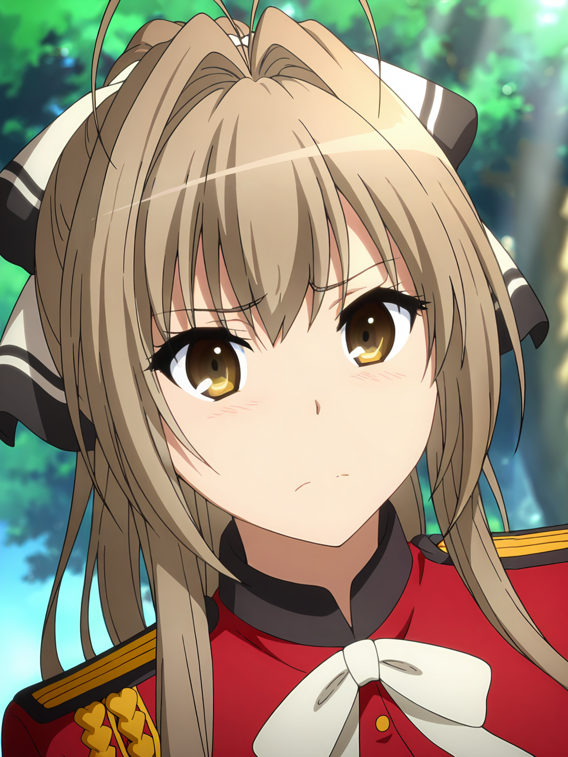 <lora:Isuzu_Sento:0.8>, sento isuzu, 1girl, solo, brown eyes, long brown hair, antenna hair, ponytail, hair ribbon, military uniform, red jacket, white bowtie, epaulettes, worried, furrowed brow, closed mouth, blush, standing, close-up, looking at viewer, dutch angle, outdoors, tree, day, sunlight, sunbeam, depth of field