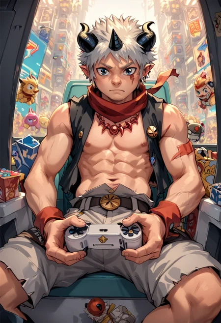 score_9,score_8_up,  <lora:OtherStyle_01:0.6>, <lora:DigimonCharacterPackV05:0.8> aegiomon, source_anime, highly detailed,
arcade,playing games,