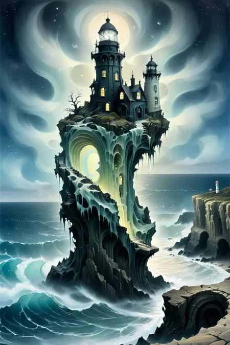 Gothic Lighthouse on the Edge of Reality - A gothic lighthouse with an unusually elongated structure perched precariously on the edge of a crumbling cliff. The light at the top glows in an unnatural color, casting bizarre shapes and shadows on the ocean below, where waves appear frozen in time, bending at impossible angles. <lora:EnvyPastelGoth02-prodigy-batch6:1> <lora:SDXLFaeTastic2400:1> <lora:Goth_SDXL_V1:1> <lora:LowBrowXL:1> <lora:GothGirlLorav0.1:1>