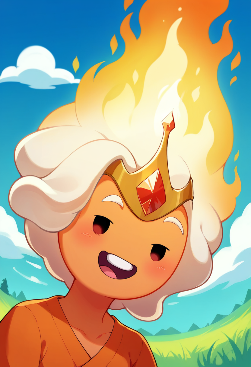 score_9, score_8_up, score_7_up,  dot eyes,  Flame Princess,  sexy, seductive, pyromancer, happy, green field, blue sky, white cloud sun, source_adventure time, Flame Princess from Adventure Time, orange skin, flame,
<lora:savannahXYZ:1>
