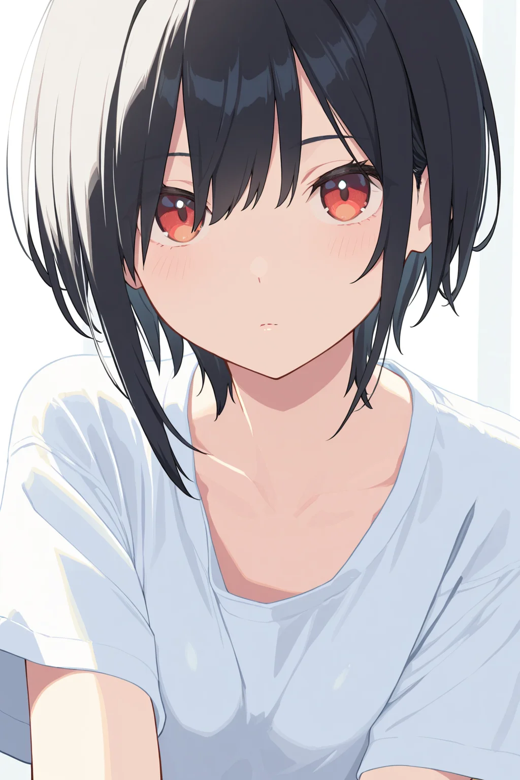 1girl, masterpiece, extremely detailed, high resolution, high-definition 8k, red eyes, black hair, short hair, white shirt, t-shirt, portrait, (looking at viewer:1.5), <lora:3dvector-artstyle-000030:0.6>