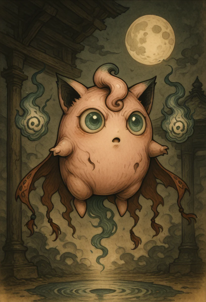 masterpiece, best quality,     y0k4i, smoke, Jigglypuff, floating, moon, magic,  <lora:YokaiPokedex_IXL:1.0>,