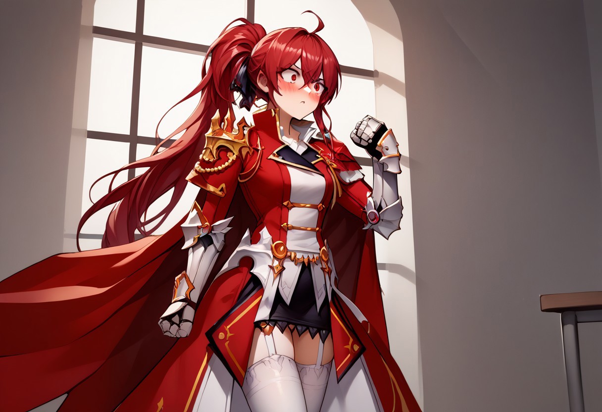 score_9, score_8_up, score_7_up, source_anime, good anatomy, solo, 1girl, elesisEmpSord, ponytail, red hair, red eyes, red and white military uniform, double breasted jacket, shoulderguards, black miniskirt, pencil skirt, metal greaves, metal gauntlets, cape, white thighhigh, garterbelt, no shoulderguards, white panties, upskirt, pantyshot, blushing, embarassed, crotch seam, kicking