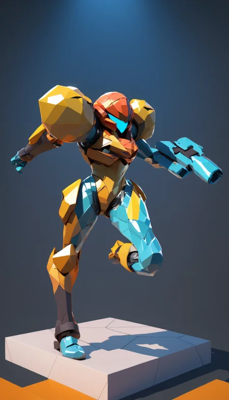 low-poly style Cinematic scene, hero view, Samus Aran, action pose, detailed background, masterpiece, best quality, high quality, highres, absurdres <lora:samus_aran_xl_v1:1> . low-poly game art, polygon mesh, jagged, blocky, wireframe edges, centered composition
