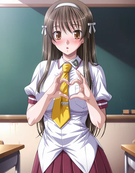 masterpiece, best quality, amazing quality, official art, ultra highres,
1girl, solo, hayashima_tsubaki, long hair, brown hair, hair ribbon, hairband, brown eyes,
school uniform, yellow necktie, untucked shirt, pleated skirt, BREAK
Seductive charm, blush, happy, parted lips, looking at viewer,
standing, heart hands,
in classroom, front view, sharp focus, depth of field, highly detailed
<lora:hayashima tsubaki v1.0-000008:1>