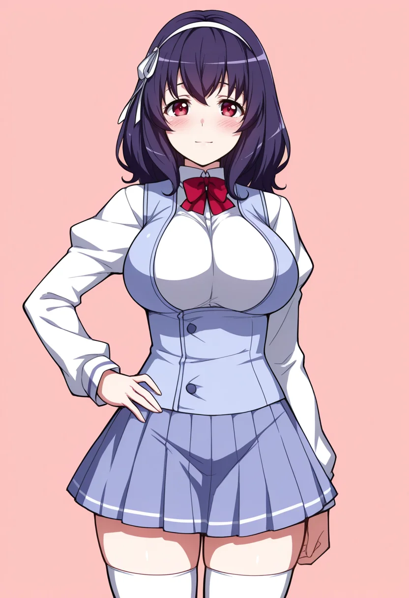 masterpiece, best quality,
1girl, solo, cowboy shot,
standing, hand on own hips,
looking at viewer, blush, light smile,
<lora:Tomo_Yamanobe:1> T0m0Y4m4n0b3, red eyes, hairband, purple eyes, medium hair, 
school uniform, pleated skirt, vest, skirt, bow, thighhighs, long sleeves, 
pink background, simple background,