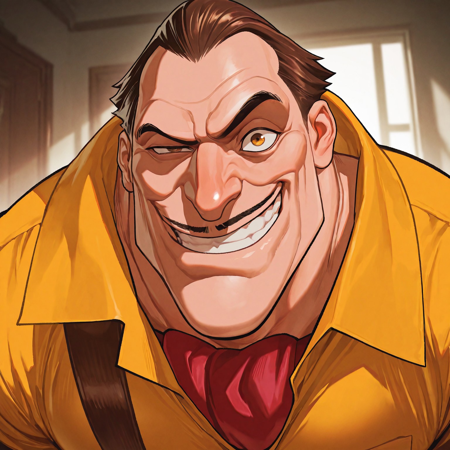 masterpiece, best quality, absurdres, newest, perfect quality, best quality, absolutely eye-catching, detailed background, intricate details, 1boy, smirk, male, male focus, solo, mature, brown hair, short hair, slicked back, moustache, small moustache, (((yellow shirt))), red tie, collared shirt, pocket, belt, yellow pants, bara, muscular, large pectorals, large biceps, face close-up, portrait, looking at viewer, very awa, best quality, absurdres, newest, perfect quality, detailed background, intricate details, (artist:rokudenashi:0.8), (artist:dizdoodz:0.7), (artist:gomtang:0.6)